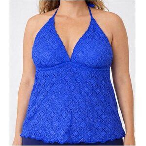 New Mossimo halter tankini top blue crochet overlay padded SZ LG
